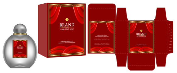 Packaging design, Label on cosmetic container with red luxury box template and mockup box, illustration vector.	