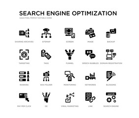 set of 20 black filled vector icons such as search engine, blogging, domain registration, backup, link, viral marketing, targeting, image, screen, sitemap. search engine optimization black icons