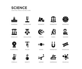 set of 20 black filled vector icons such as molecule, molecules, einstein, radiation, dispersion, seesaw, pendulum, momentum, geometry, sound fork. science black icons collection. editable pixel