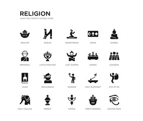 set of 20 black filled vector icons such as easter eggs, eye of ra, goddess, gospel, great buddha, hamsa, menorah, monk, monotheism, muslim. religion black icons collection. editable pixel perfect