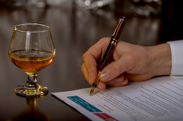 Whisky glass, cognac, pen, acts, signature, paperwork, contract, documents, hand made pen, luxury...