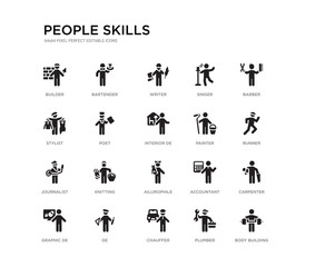 set of 20 black filled vector icons such as body building, carpenter, runner, barber, plumber, chauffer, stylist, singer, writer, bartender. people skills black icons collection. editable pixel