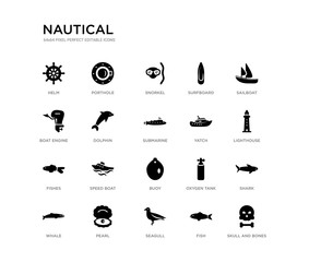 set of 20 black filled vector icons such as skull and bones, shark, lighthouse, sailboat, fish, seagull, boat engine, surfboard, snorkel, porthole. nautical black icons collection. editable pixel