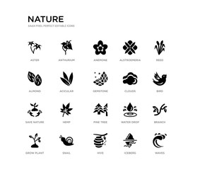 set of 20 black filled vector icons such as waves, branch, bird, reed, iceberg, hive, almond, alstroemeria, anemone, anthurium. nature black icons collection. editable pixel perfect