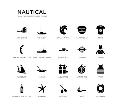 set of 20 black filled vector icons such as lifesaver, vest, sailor, shirt, pipe, paddles, prawn facing left, captain hat, ocean waves, big float. nautical black icons collection. editable pixel