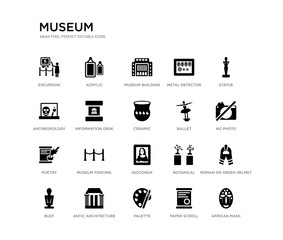 set of 20 black filled vector icons such as african mask, roman or greek helmet, no photo, statue, paper scroll, palette, anthropology, metal detector, museum building, acrylic. museum black icons