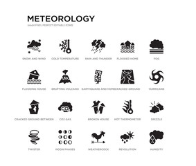 set of 20 black filled vector icons such as humidity, drizzle, hurricane, fog, revolution, weathercock, flooding house, flooded home, rain and thunder, cold temperature. meteorology black icons