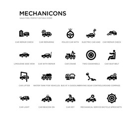set of 20 black filled vector icons such as bicycle sprockets, round compass, car seat belt, car repair check, mechanical service of a car, key, limousine side view, electric and plug, police with