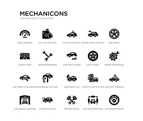 set of 20 black filled vector icons such as car speedometer, car with wrench, repair mechanism, car wheel, wash machine, pistons cross, battery, brand new with dollar price tag, police with light,