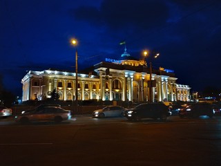 view on Odesa train station at the night with blue sky background Ukraine