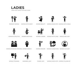 set of 20 black filled vector icons such as woman talking by phone, women account, middle age lady, woman with curls, woman head with glasses, young lady, in politics, head with ponytail, women