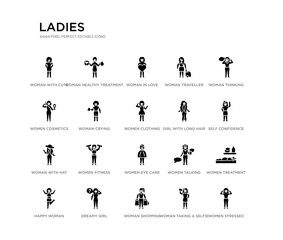 set of 20 black filled vector icons such as women stressed, women treatment, self confidence, woman thinking, woman taking a selfie, woman shopping, women cosmetics, traveller, in love, healthy