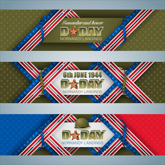 Set of web banners design, background with 3d texts, military badge and national flag colors for U.S. D-Day, celebration events; Vector illustration