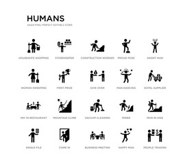 set of 20 black filled vector icons such as people trading, man in hike, hotel supplier, angry man, happy man, business meeting, woman sweeping, proud pose, construction worker, storekeeper. humans