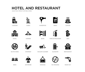 set of 20 black filled vector icons such as room key, restaurant, wifi, coffee, no smoking, smoking, hotel, menu, hairdryer, dubai. hotel and restaurant black icons collection. editable pixel