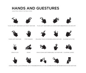 set of 20 black filled vector icons such as amonestation gesture, clapping hands, clicking with the left hand, command on and off gesture, command refresh gesture, command up and down fleck left