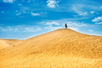 Fototapeta na wymiar Desert landscape with woman on top of dune. Natural reserve Maspalomas Dunes, Gran Canaria, Spain