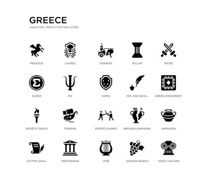 set of 20 black filled vector icons such as jonic column, amphora, greek ornament, xifos, grapes bunch, lyre, sigma, pillar, chariot, laurel. greece black icons collection. editable pixel perfect