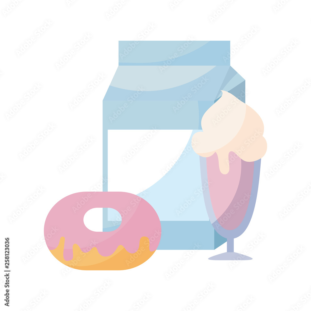 Poster donut with box milk and ice cream in cup