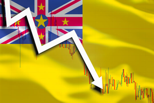 White arrow and stocks fall down on the background of the waving flag of Niue