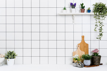 Various kinds of kitchen tools arranged on the white table. And tidy flower pots are placed neatly on the shelf.