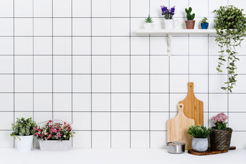 Various kinds of kitchen tools arranged on the white table. And tidy flower pots are placed neatly on the shelf.