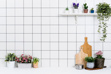 Various kinds of kitchen tools arranged on the white table. And tidy flower pots are placed neatly on the shelf.