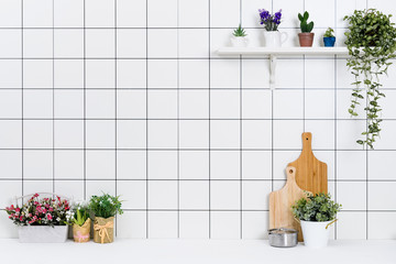 Various kinds of kitchen tools arranged on the white table. And tidy flower pots are placed neatly on the shelf.