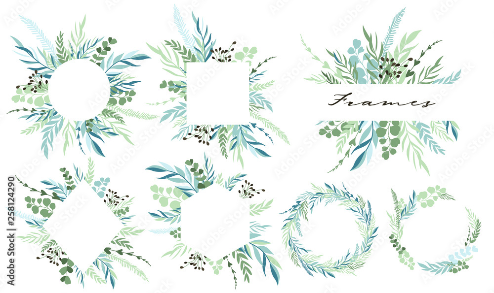 Wall mural set of leaf frames and wreath with botanical elements. vector