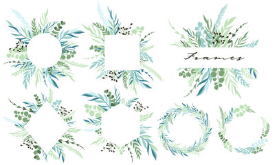 Set of leaf frames and wreath with botanical elements. Vector