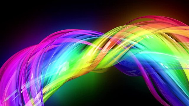 4k colorful looped animation of a rainbow colors tape with neon light moving in a circle as abstract background with lines and ribbons. Luma matte is included as alpha channel for compositing. 14