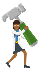 An Asian doctor cartoon character mascot woman holding a big hammer concept 