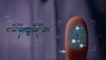 Man accessing hologram with fingerprint. Man accessing modern hologram personal database with fingerprint identification opening. Concept of: Science, Automobile, Hologram, Viruses, DNA, Touchscreen.	