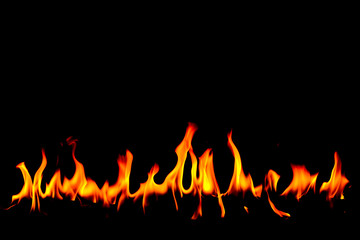 Fire flames on Abstract art black background, Burning red hot sparks rise, Fiery orange glowing flying particles