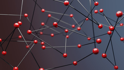 Red spheres on blue background, concept of network. 3D Rendering