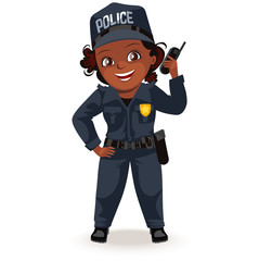 Not female professions, strong woman police officer uniform with holding radio set , safety secutiry girl, feminists worker vector illustration