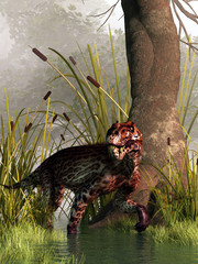 A Lycaenops, a type of gorgonopsid, a prehistoric creature from the Permian era, before even the time of the dinosaurs, hunts through swampy wetlands. 3D Rendering