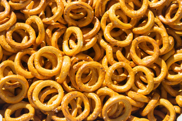 texture of many bread rings snack with salt with shadow