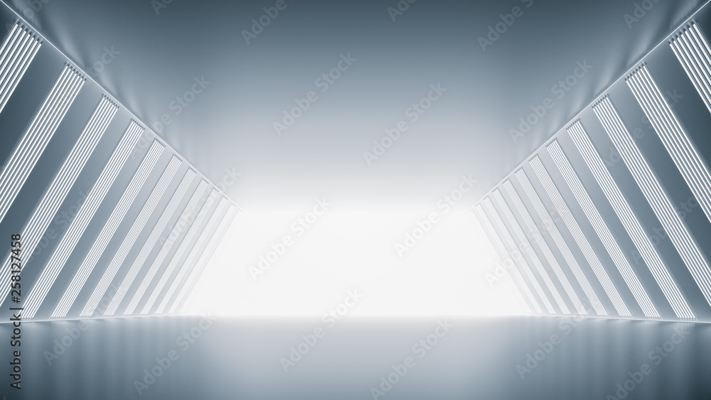 Wall mural Futuristic tunnel with light, interior view. Future background, business, sci-fi or science concept. 3d illustration