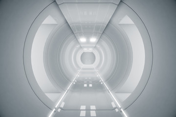 Abstract circle Spaceship corridor. Futuristic tunnel with light. Future interior background, business, sci-fi science concept. 3d rendering