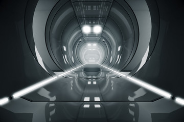 Abstract circle Spaceship corridor. Futuristic tunnel with light. Future interior background, business, sci-fi science concept. 3d rendering