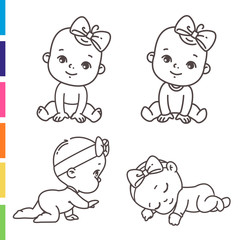 Cute little girl icon set. Coloring page of outline  stickers of little baby girl in pink pajamas, bow, diaper. Child sleeping, sitting, crawling. Emblem of kid health. Vector monochrome illustration.