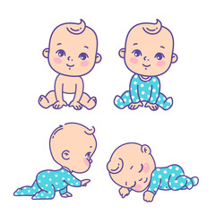 Cute little boy icon set. Collection of vector stickers of little baby boy in blue  pajamas, diaper. Child sleeping, sitting, crawling. Emblem of kid health. Vector color illustration.