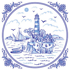Landscape with a lighthouse. ship and boats, cobalt painting in the traditional Dutch style, Delft, Gzhel, tiles, design for porcelain tableware.