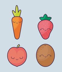 strawberry with set fruits kawaii character