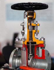 Cross section of valves with wheel handle in an Industry