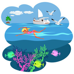Cartoon pretty girl swimming in blue ocean