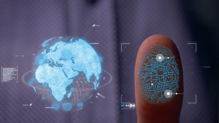 Man accessing hologram with fingerprint. Man accessing modern hologram personal database with fingerprint identification opening. Concept of: Science, Automobile, Hologram, Viruses, DNA, Touchscreen.