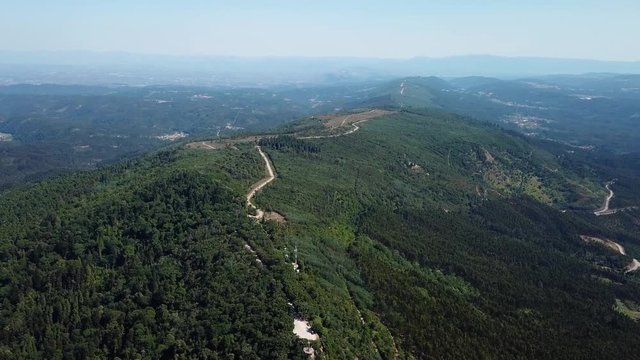 AERIAL LANDSCAPE SHOT OF GREENISH BUCACO FOREST IN PORTUGAL