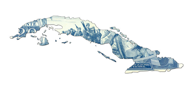 20 cuban peso bank note reverse in shape of cuba